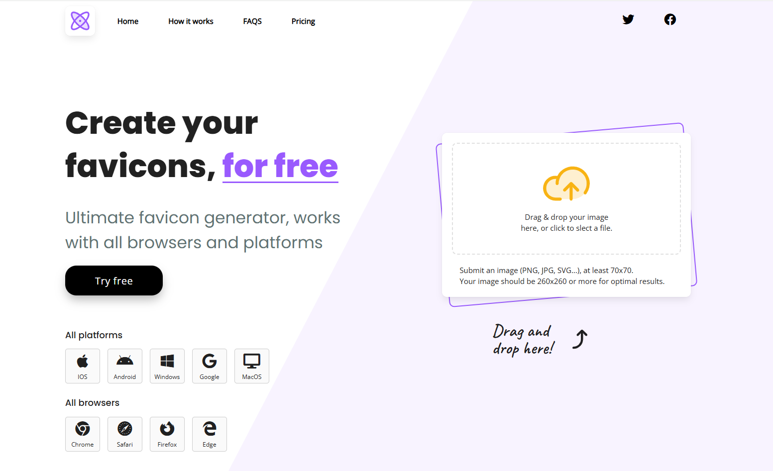 Glavna stranica alata za generiranje favikona s funkcijom povlačenja i ispuštanja za prijenos slike i pregled platforme/preglednika.