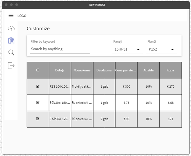 Customize screen showing imported products, filters, prices and discounts