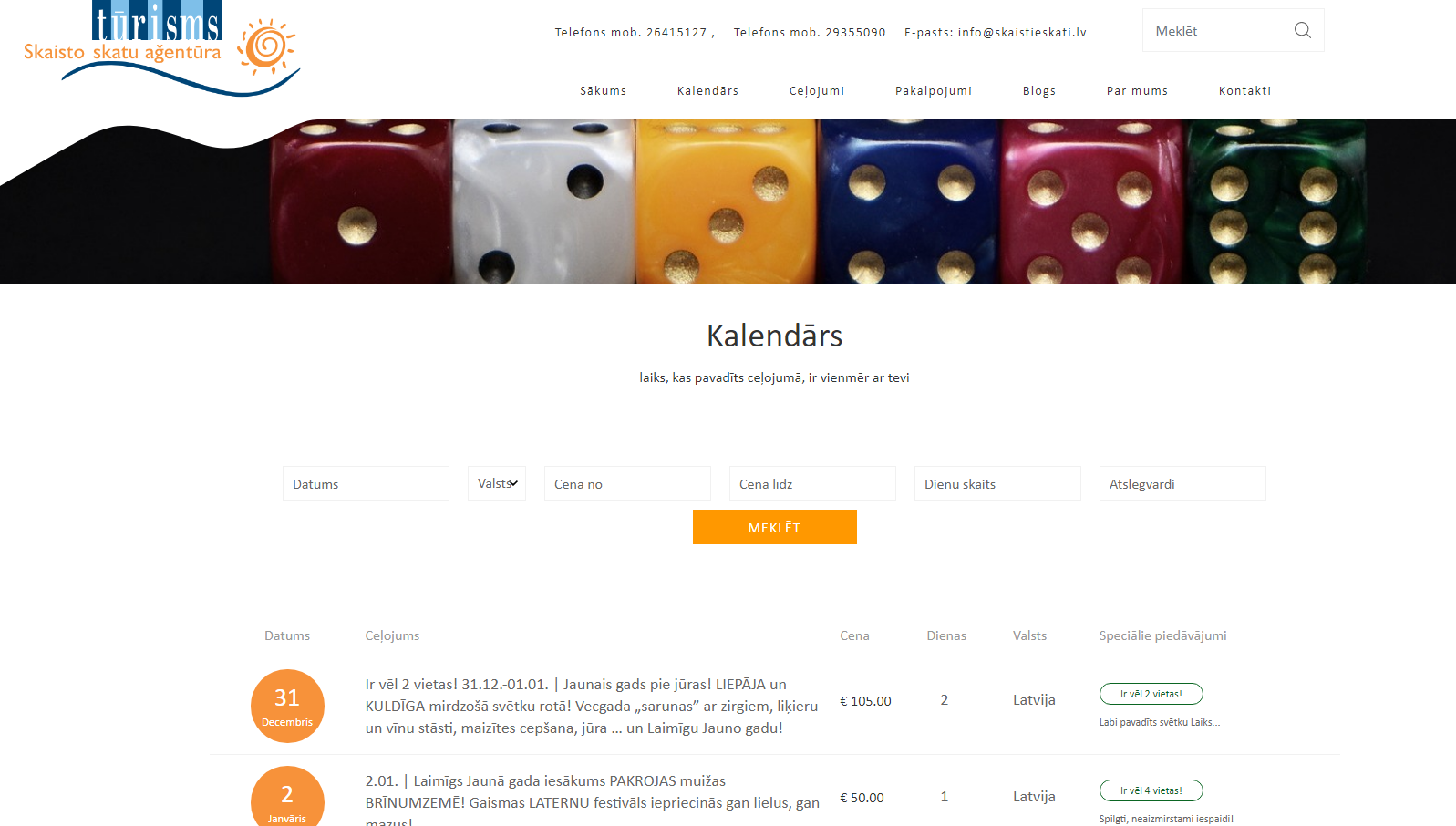 Interactive calendar with country filters, price ranges, and tour availability.