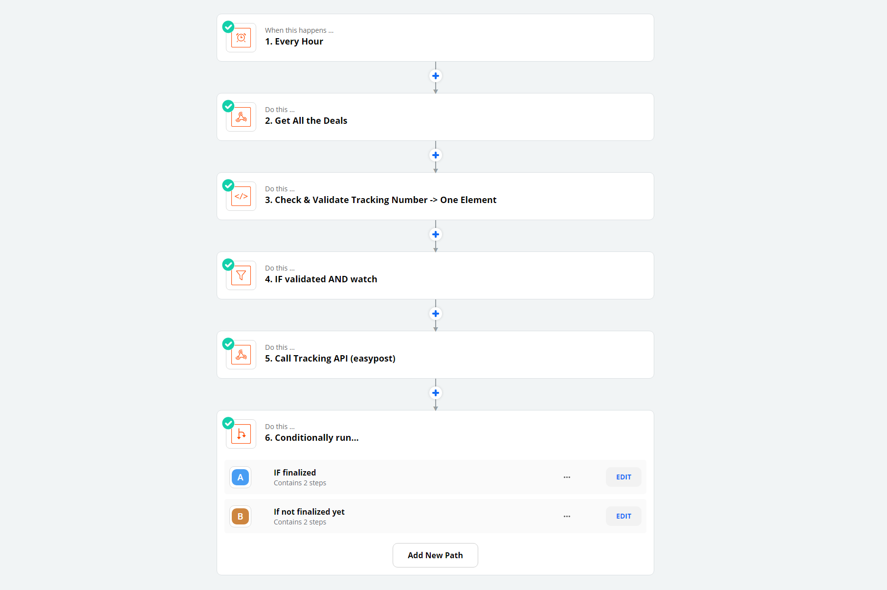Zapier automation flow showcasing FedEx tracking validation and deal update logic
