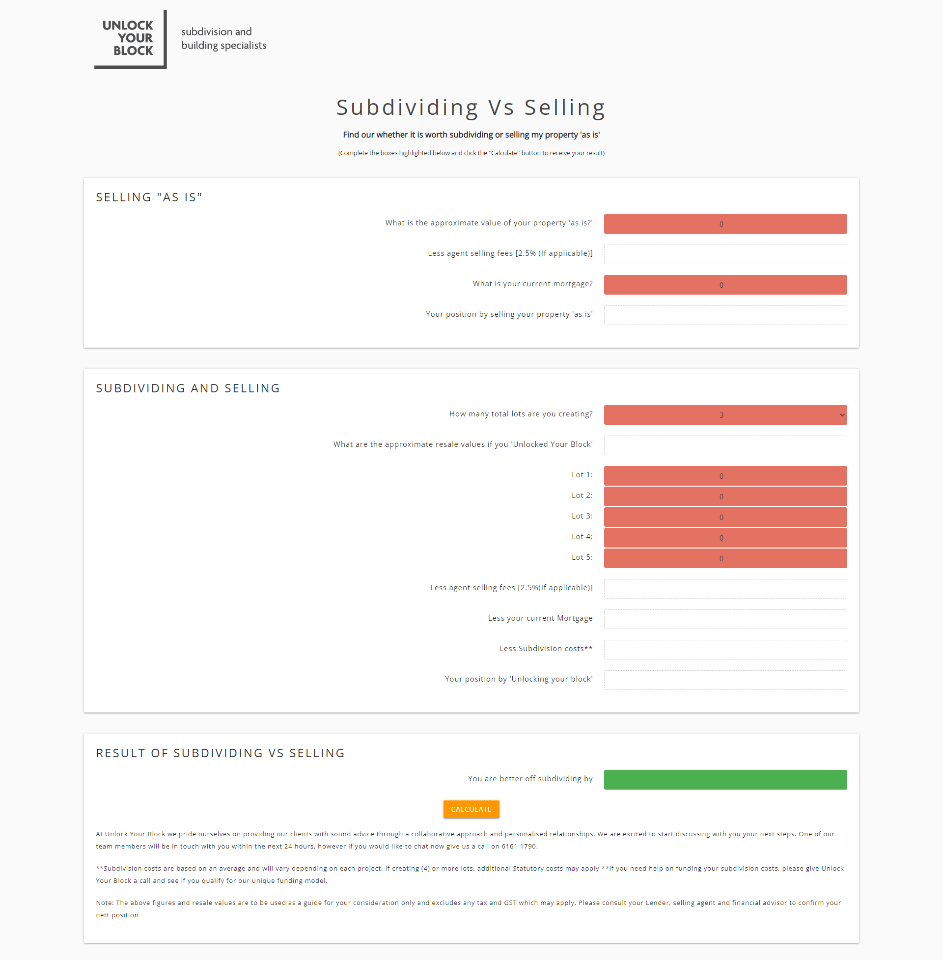 Developed Subdividing vs Selling Calculator