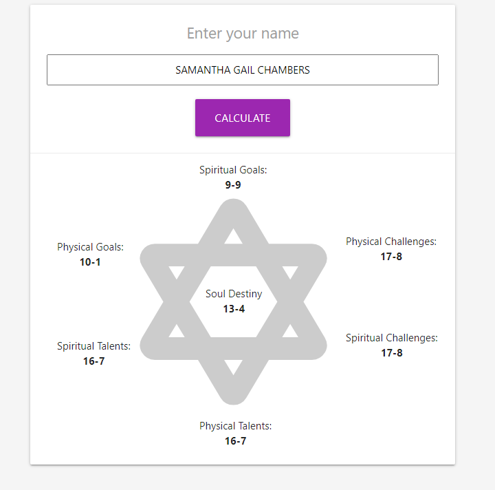 Screenshot of the Name-Based Numerology Calculator showing calculated Soul Destiny and related values