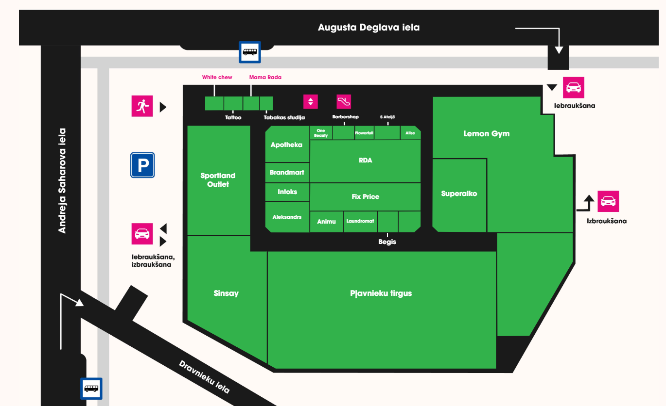 Final interactive floor map of Shopping Center Augusts displaying 17 stores with dynamic labeling