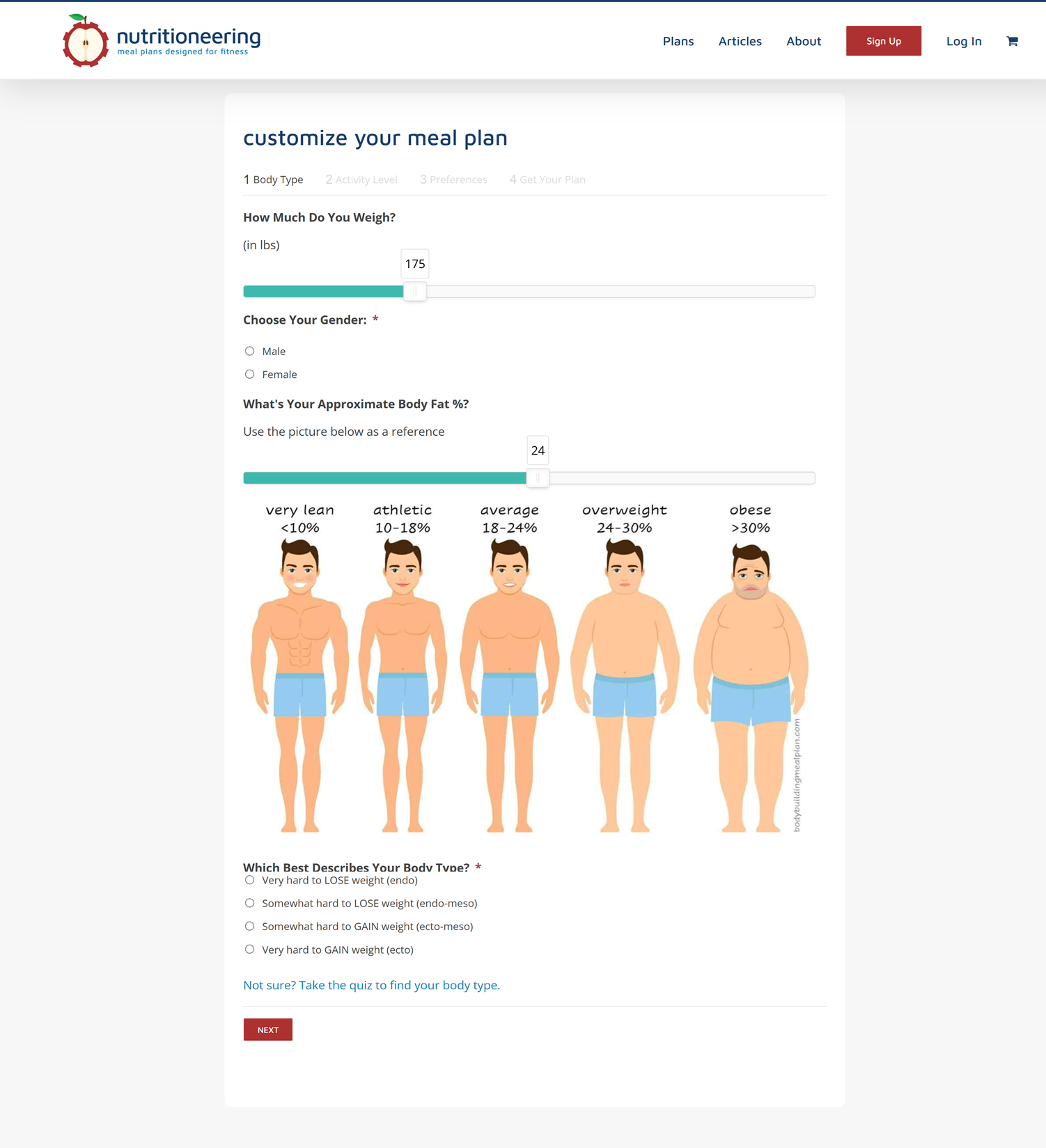 Custom meal plan calculator UI developed by 2410, featuring visual body fat references and responsive sliders