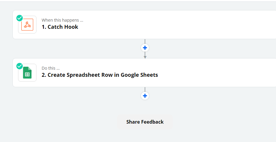 Zapier automation step: Catch Hook used to receive data from the website form and trigger backend processes.