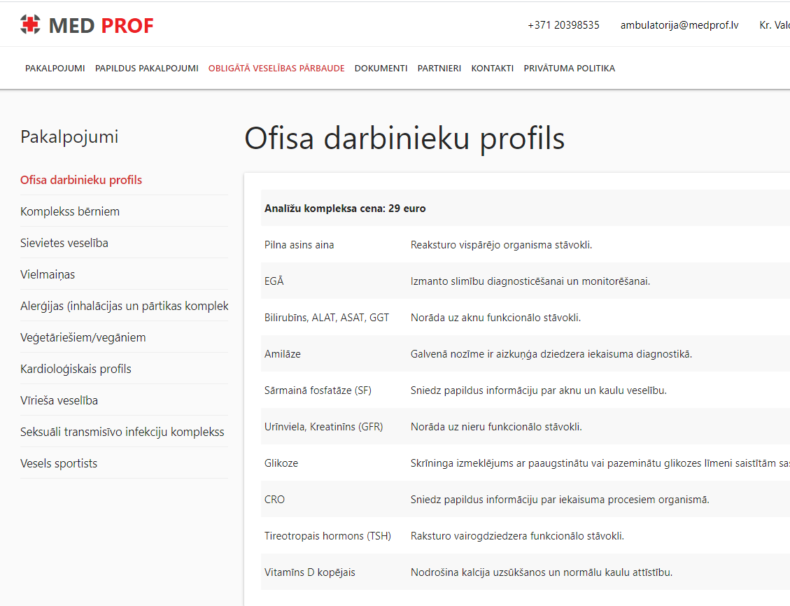 Additional service page: Ofisa darbinieku profils with structured lab tests and descriptions.