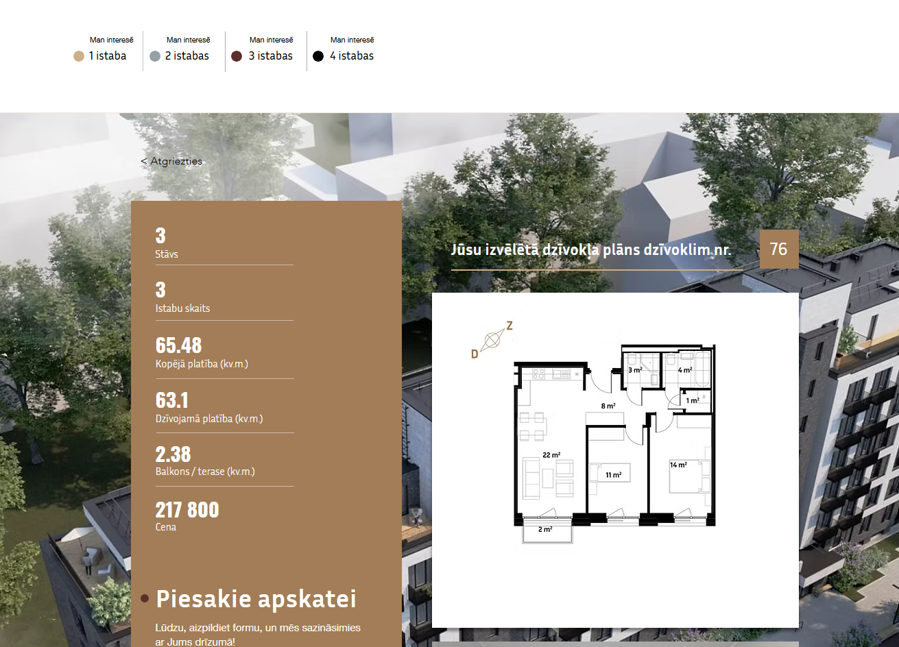 Individual apartment page showing full specs, price, plan, and inquiry form.