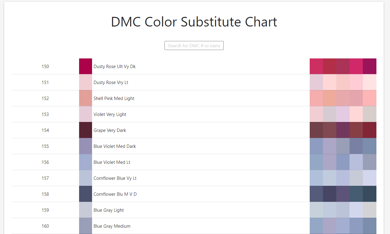 DMC Color Substitute Chart – displays color swatches and name alternatives for DMC shades.