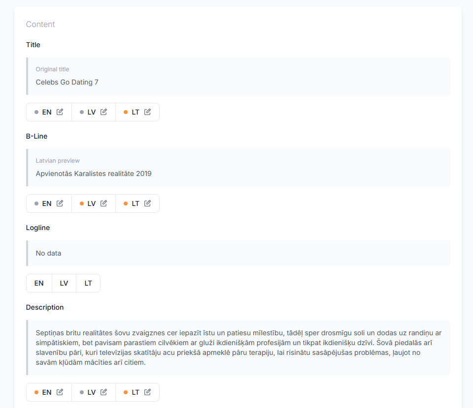 Editable metadata panel with translations, genre tags, and full description of a TV season.