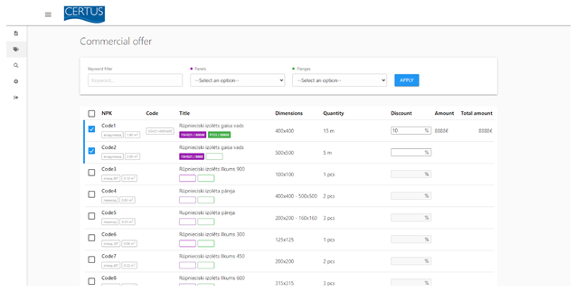 Final commercial offer view with filters and editable pricing table
