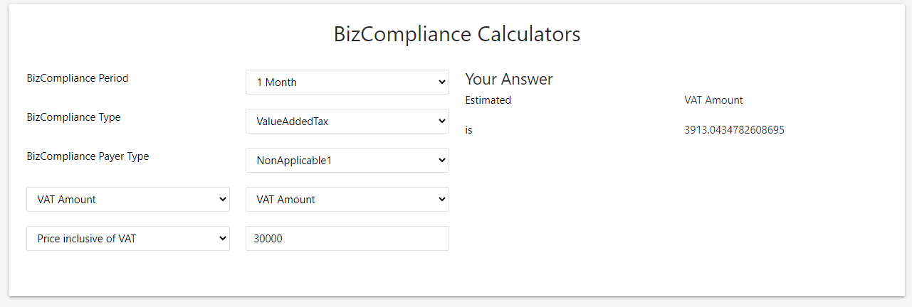 VAT Calculator output showing estimated VAT from price inclusive of VAT.
