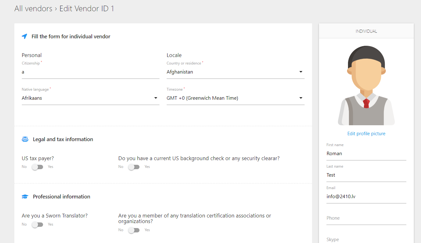Vendor Profile Editor: Structured input form for freelance translators
