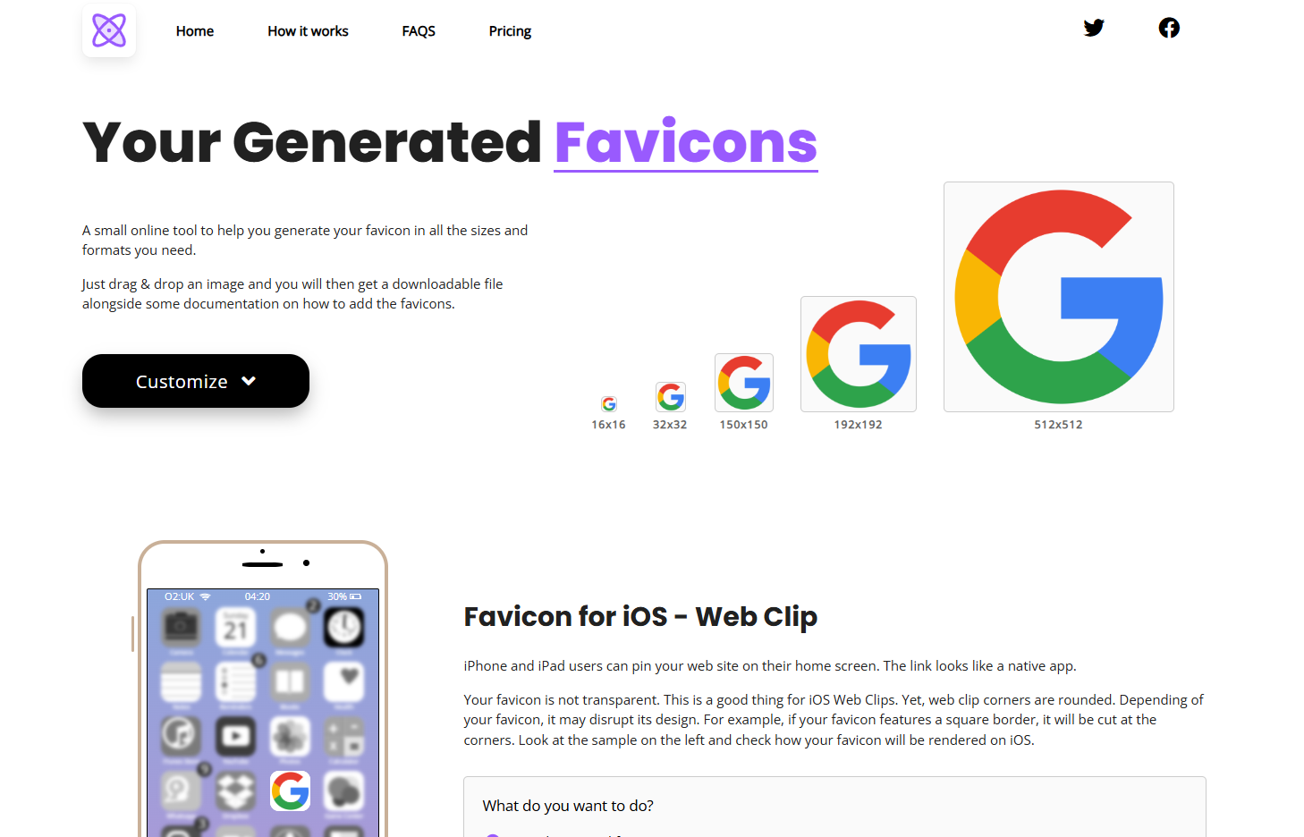 Stranica rezultata prikazuje preglede favikona u više rezolucija i uživo pregled na iOS-u.