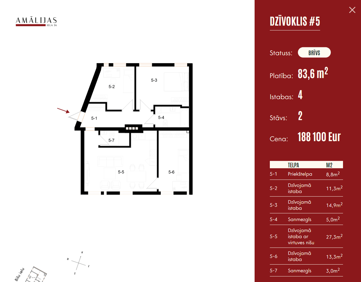 Individual apartment modal view with layout breakdown, area per room, and full price/availability details.