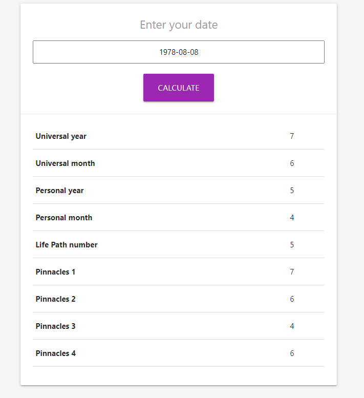 Screenshot of the Date-Based Numerology Calculator including Life Path and Pinnacle Numbers