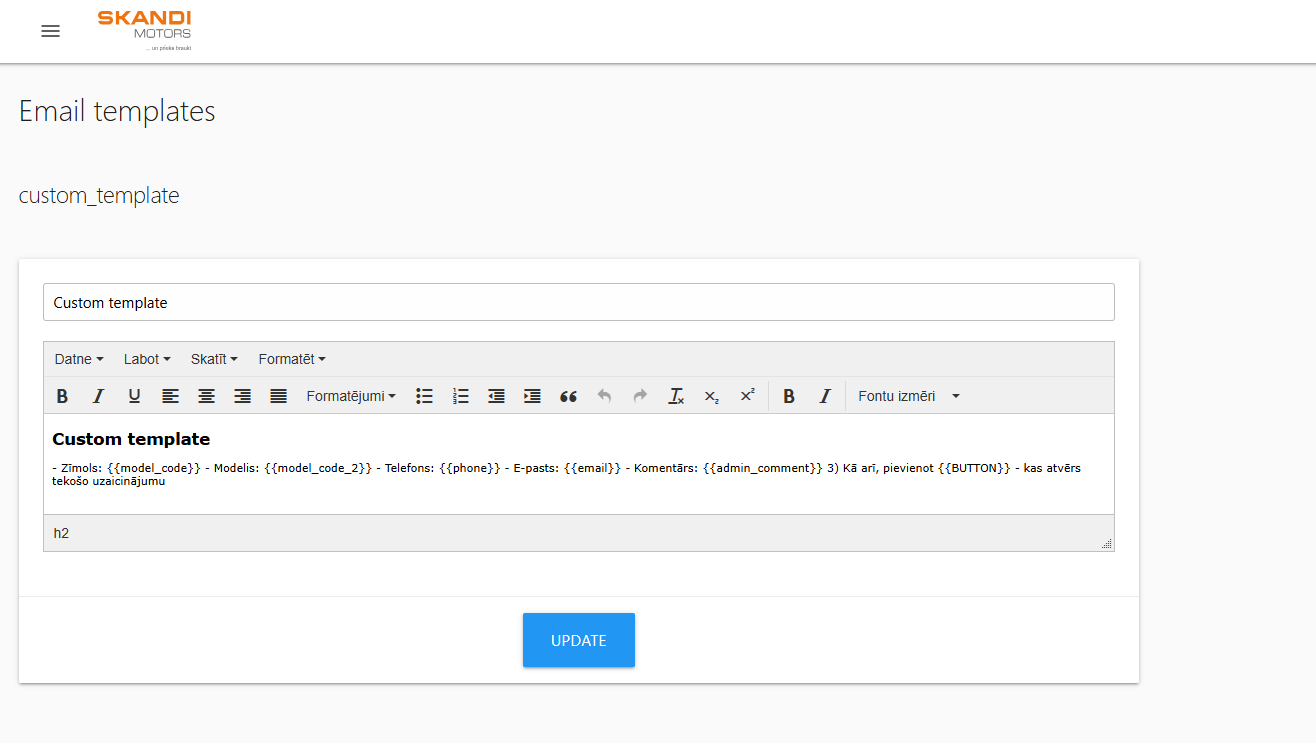Custom email template editor with dynamic variables for automated messages to consultants.