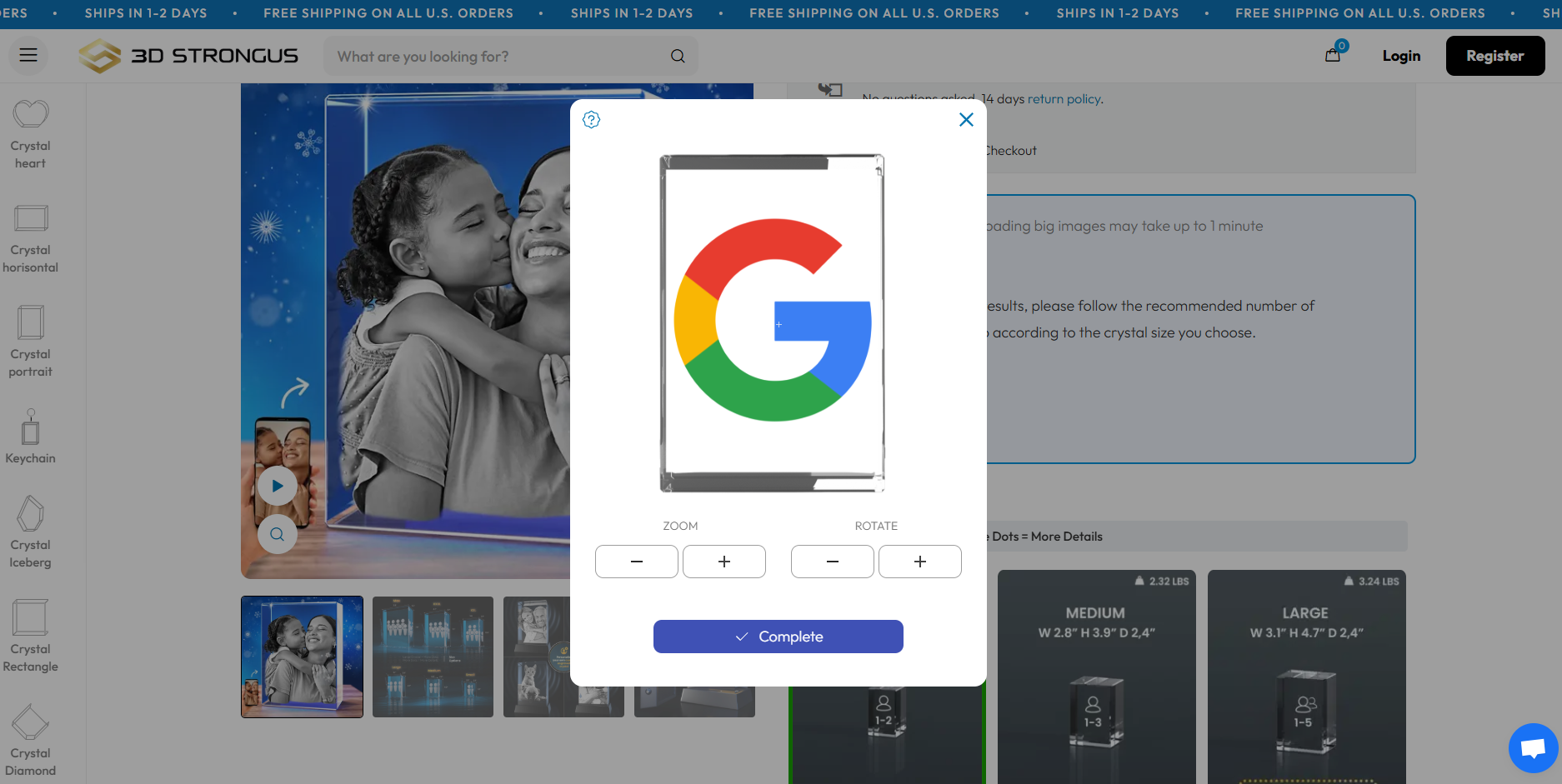 Image Cropper Modal with Zoom and Rotate Features in the 3dstrongus Product Page