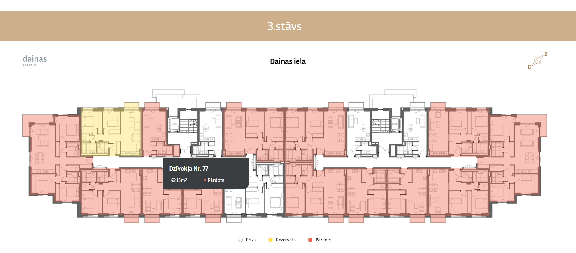 Detailed floor plan with tooltip highlighting apartment status and size.